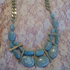 Fashion Faux Turquoise Blue Necklace on Silver Tone Chain